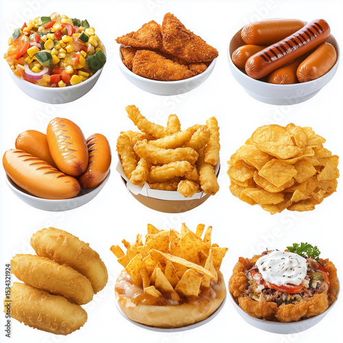 photo of , nachos, crisp, delicious, Assortment of cheesy junk foods like cheese balls, nacho chips, and stuffed cheese snacks arranged in bowls and scattered on a white background