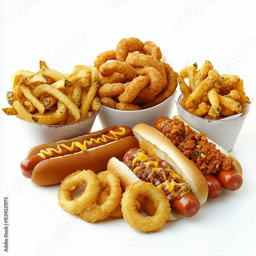photo of , nachos, crisp, delicious, Assortment of cheesy junk foods like cheese balls, nacho chips, and stuffed cheese snacks arranged in bowls and scattered on a white background