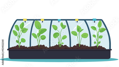 The image shows a flat, rectangular, dark-colored plastic tray containing soil and five small green plants with multiple leaves.  The plants appear to be of the same type. A transparent