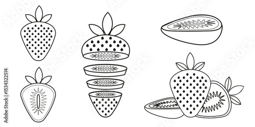 Black outline vector of strawberries — whole, halved, and thin slices. Minimal hand-drawn fruit set on white background. Perfect for design, print, or food illustration.