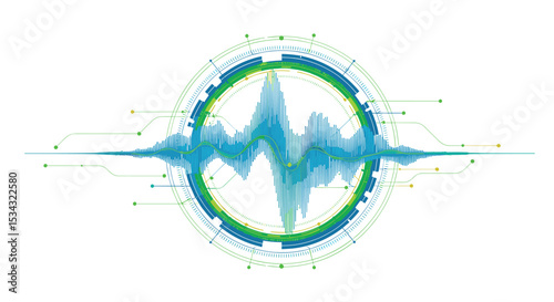 A Circular Design Centered Around an Oscillating Waveform with Techy Graphical Elements