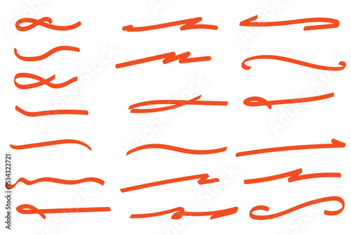 A set of strikethrough underlines. Orange brush stroke underline. Marker pen highlight stroke. Vector swoosh brush underline set for accent, marker emphasis element. eps10