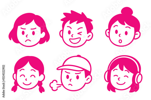 Set of cartoon kids face expressions in flat style showing different emotions and moods