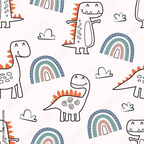Seamless pattern with cute dinosaurs, rainbow and cloud. Childish and playful characters vector illustration for textile, bedding, apparel, print, wrapping paper, clothing, background and others