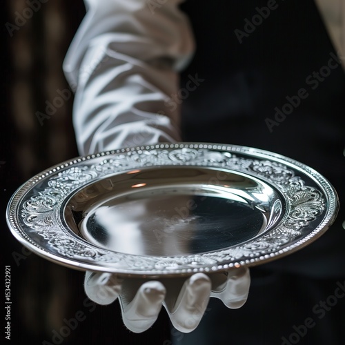 Waiter or butler with white gloves and empty silver tray. Front position, Mockup