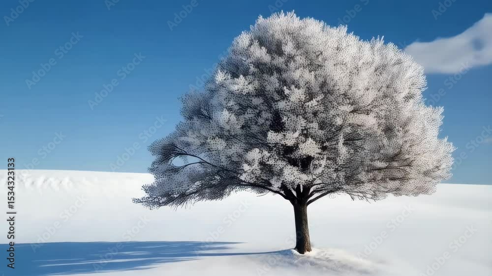 Solitary deciduous tree covered in hoarfrost, standing in a snow-covered winter landscape with a blue sky and soft clouds above.