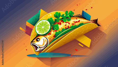 Colorful fish taco illustration with lime and cilantro on a vibrant gradient background
