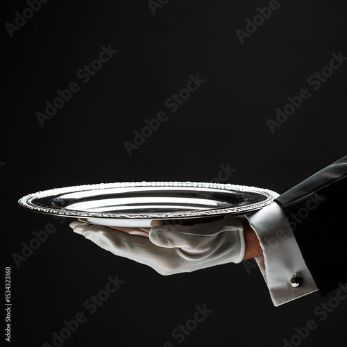 Waiter or butler with white gloves and empty silver tray. 
Side presentation, Mockup