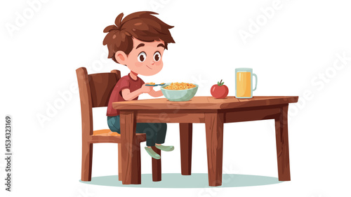 Digital illustration of a young boy with brown hair sitting in a wooden chair at a wooden table. He is eating cereal from a bowl with a spoon. An apple and a glass of orange juice are also on the