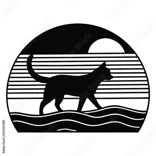 Black and white cat silhouette vector illustration of pets and wildlife mammals