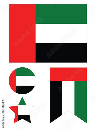 Vector set of UAE flags. UAE Round Country Flag. Circular UAE National Flag.  EPS Vector Illustration.