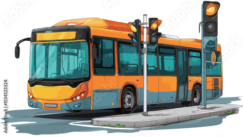 The image is a digital illustration depicting an orange city bus stopped at a bus stop. The bus is predominantly orange with gray accents.  It is shown in a three-quarter view, angled slightly to