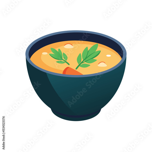 Cartoonish Dark Teal Bowl of Orange Soup with Carrot and Parsley Garnish vector