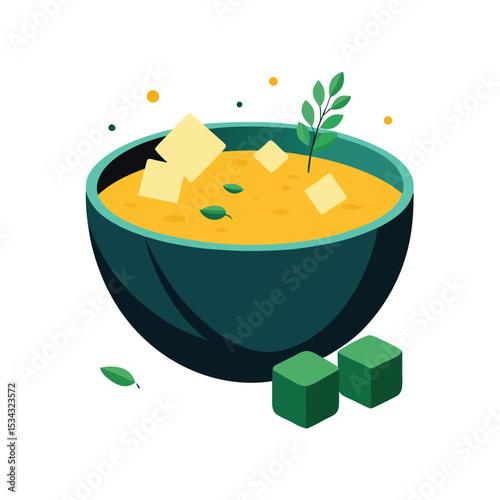 Teal Bowl of Yellow Soup with Yellow Cubes Green Herbs and Green Cubes vector