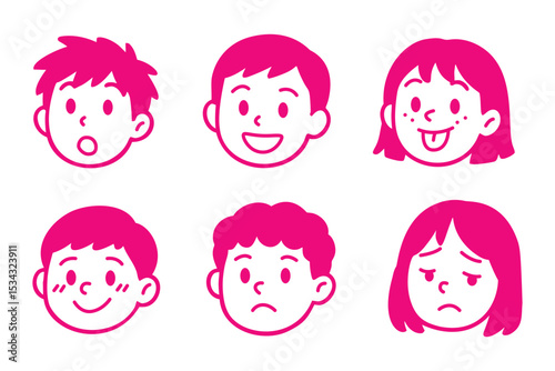 Set of cartoon kids face expressions in flat style showing different emotions and moods