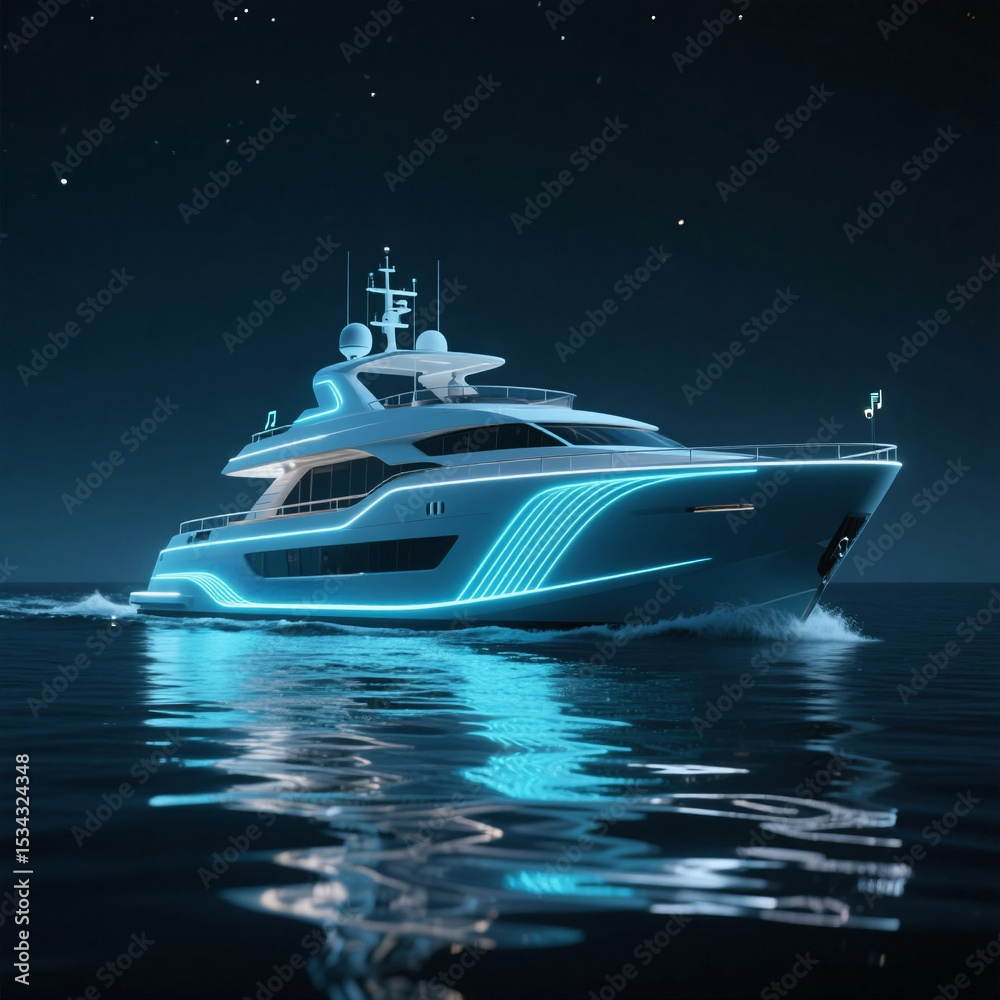 Fototapeta premium in the ocean yacht with neon light at night