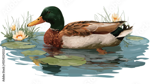 An illustration of a male mallard duck swimming in a pond amongst water lilies. The duck is depicted in profile view, showcasing its characteristic green head, brown and beige body feathers