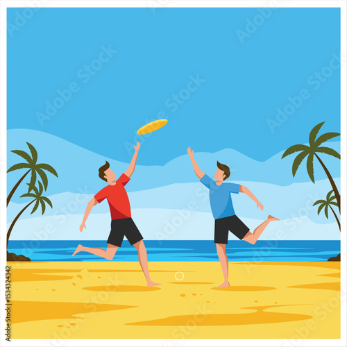 Two men playing frisbee on the beach, one catching and one throwing, sunny day, summer scene in flat design