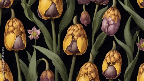 Close up fritillaria meleagris, hazel grouse flowers on a black background. Extreme flower close-up. floral motifs, full frame. Top view