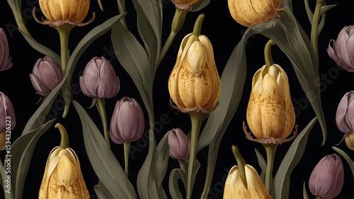Close up fritillaria meleagris, hazel grouse flowers on a black background. Extreme flower close-up. floral motifs, full frame. Top view