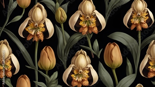 Close up fritillaria meleagris, hazel grouse flowers on a black background. Extreme flower close-up. floral motifs, full frame. Top view