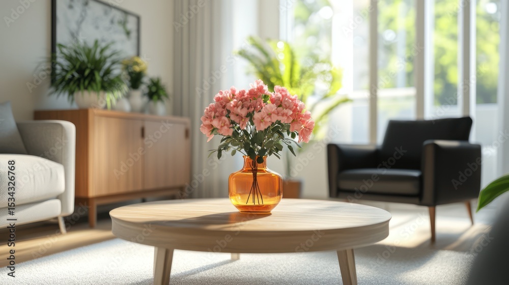 Cozy living room interior with pink roses Cozy living room interior with pink roses