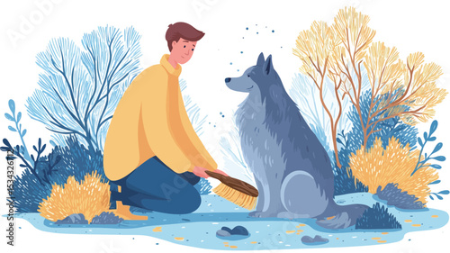 A vector illustration depicting a man kneeling in a park, interacting with his husky dog. The style is flat cartoon-like with simplistic shapes and color palettes.  The man is wearing a yellow