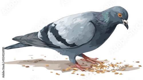A detailed illustration of a rock pigeon (Columba livia) feeding on scattered grains on the ground. The pigeon is depicted in a three-quarter profile view, showcasing its gray and blue-gray