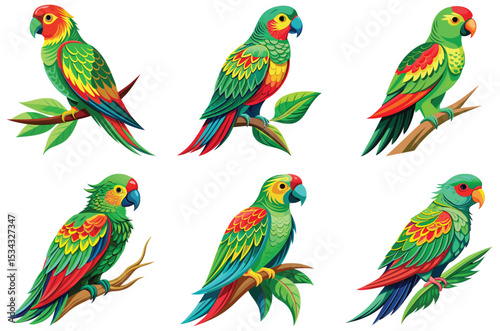 colorful parrots on branches illustration