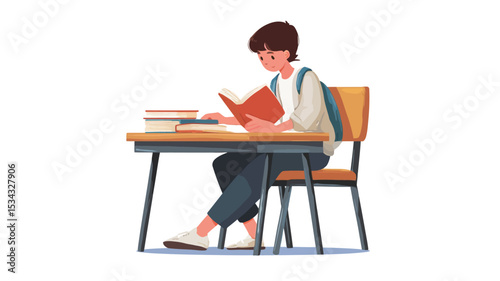 Illustration of a young student sitting at a desk, reading a book. The student is depicted from the knees up, wearing casual clothing and a backpack.  The desk is simple and light brown, with a