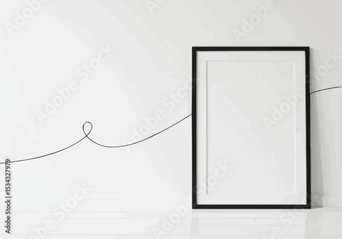 Minimalist black frame with a blank paper displayed in a white environment, with a single, continuous line adding a touch of abstract art.