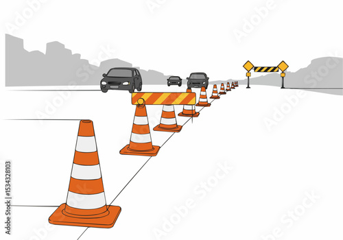Road construction cones and cars.