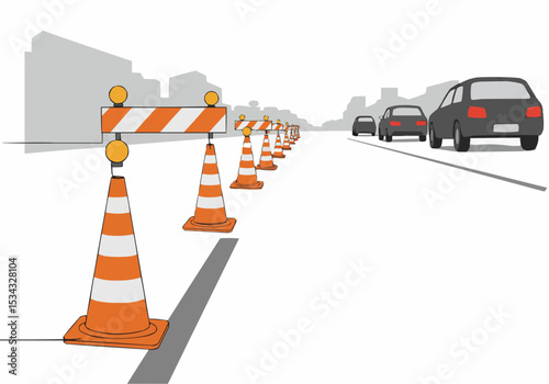 Construction zone ahead, traffic cones line the road.
