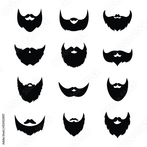 A grid of twelve black silhouette beard designs on a white background.