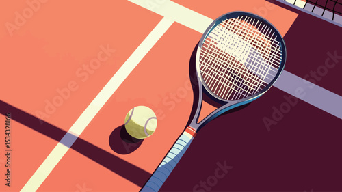 High-angle, close-up view of a tennis racket and a tennis ball positioned on a reddish-brown clay tennis court.  The court's white lines are visible.  The image shows strong sunlight casting