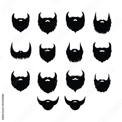 A grid of twelve black silhouette beard designs on a white background.