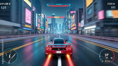 High-speed racing game showcasing a futuristic city, car, neon lights and speed