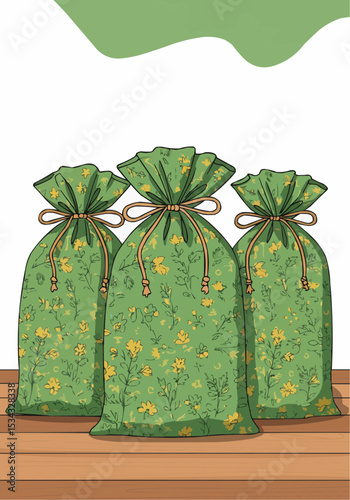 Three floral drawstring bags.