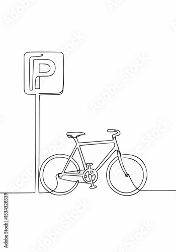 A minimalist line drawing of a bicycle parked near a parking sign. 