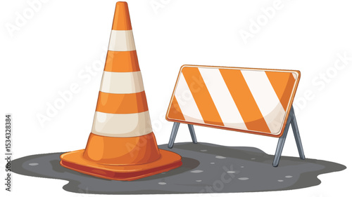 A digital illustration depicting a classic orange and white striped construction cone and a matching barricade. Both are rendered in a simple, cartoonish style against a plain white background.