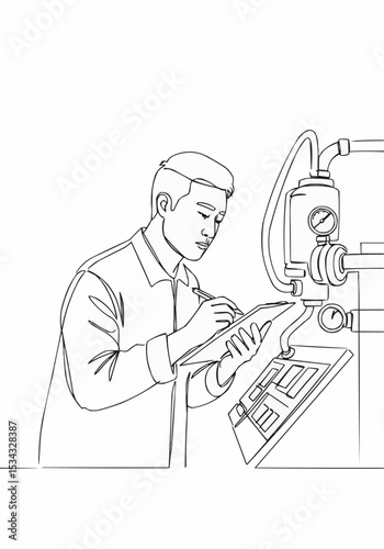 An industrial worker, focused on recording observations in an operational environment.