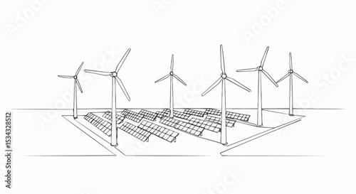 Wind turbines and solar panels generating renewable energy for sustainable solutions.