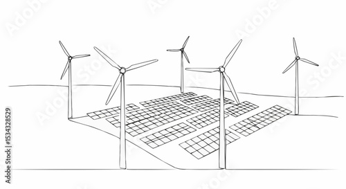 Renewable energy sources in a futuristic illustrated environment.