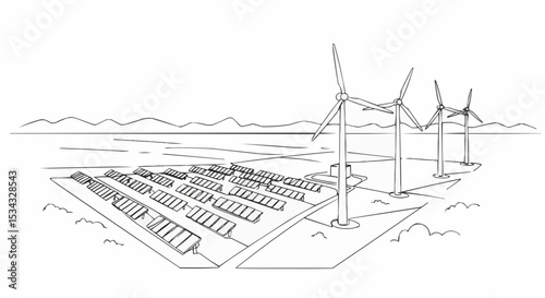 Sustainable energy infrastructure with wind turbines and solar panels.