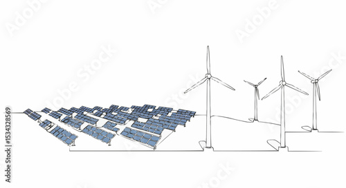 Solar panels and wind turbines working together.