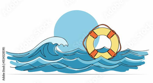 A life buoy floating on the sea with the wave and the sun in the background.
