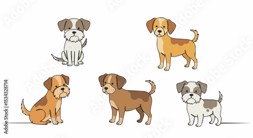 Adorable illustration of five cute dogs, each with unique appearances. 