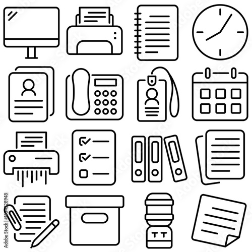 Office and Workspace Essentials Icon Set Outline Style