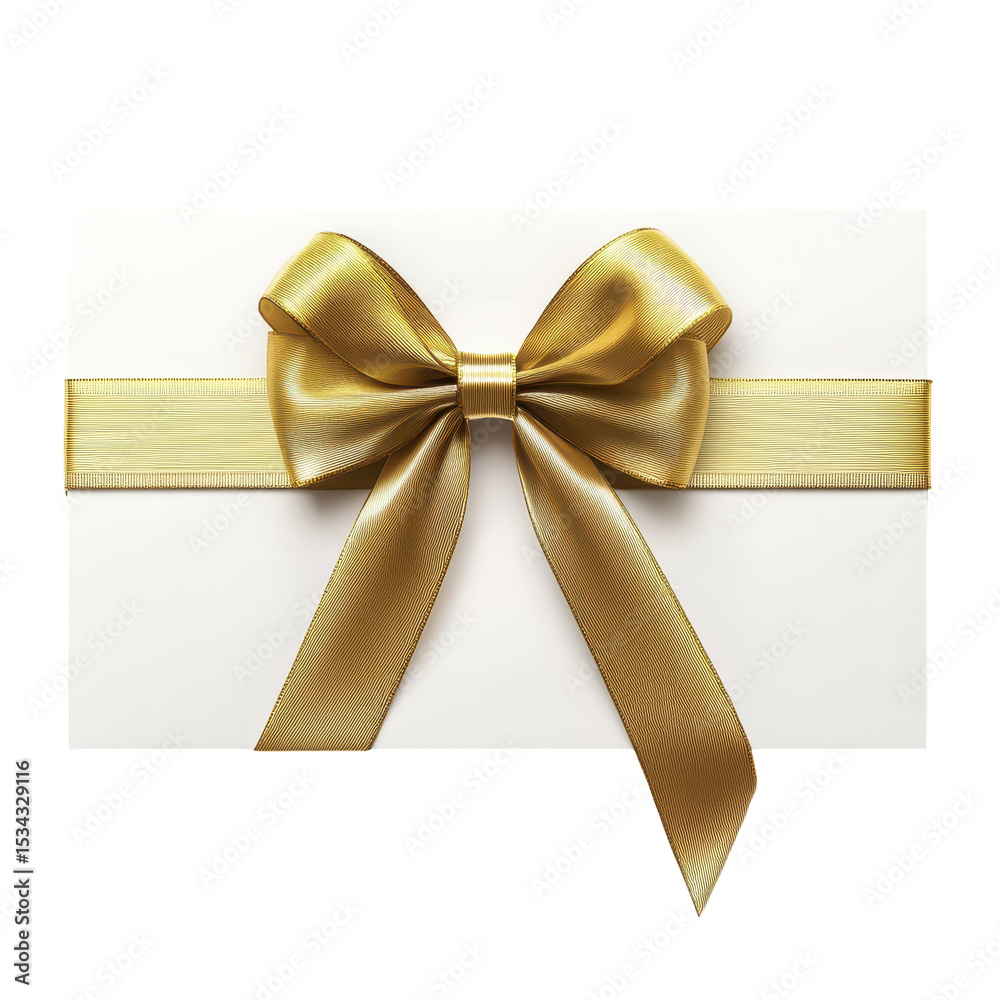 Fototapeta premium White gift voucher with gold ribbon and bow, White gift voucher adorned with a gold ribbon and bow, elegantly presented for gifting purposes, isolated on transparent background