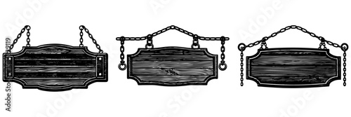Blank reclaimed wood sign with iron brackets, hanging from a chain outside a rustic restaurant
